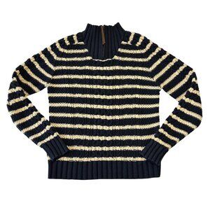 LL Bean Mens Cotton Striped Cable Knit Fisherman Sweater Quarter Zip Size Large